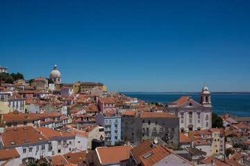 many buildings and ocean with sky in background