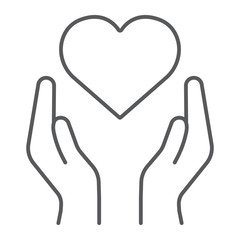 Heart in hands thin line icon, love and care, arms with heart sign, vector graphics, a linear pattern on a white background.
