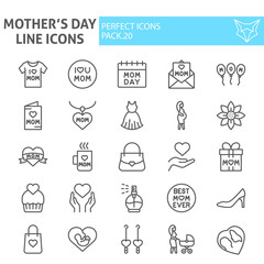 Mothers day line icon set, motherhood symbols collection, vector sketches, logo illustrations, mom signs linear pictograms package isolated on white background.