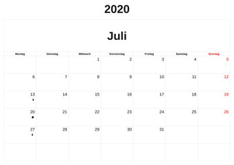 2020 a monthly calendar  with white background in German.