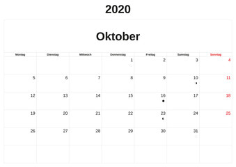 2020 a monthly calendar  with white background in German.