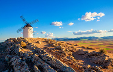 Spanish windmills on hill in Consuegra, Toledo, Spain. © Vladimir Sazonov
