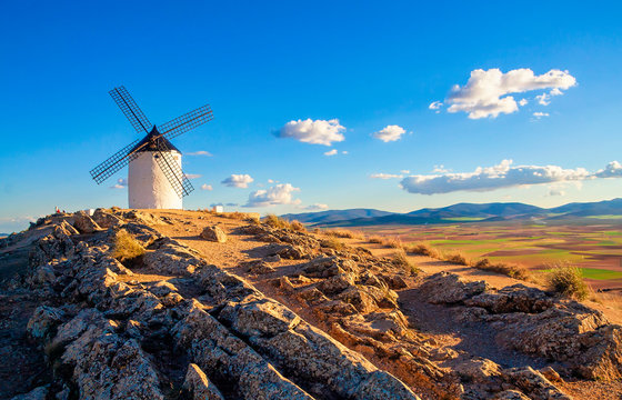 Spanish windmills on hill in Consuegra, Toledo, Spain.