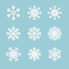 Fototapeta na wymiar Snowflake winter set isolated on blue background. Flat snow icons, silhouette for Christmas banner, decor, cards. New year ornament, design.