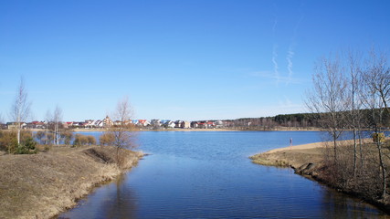 View from the bridge to the river and cottages.