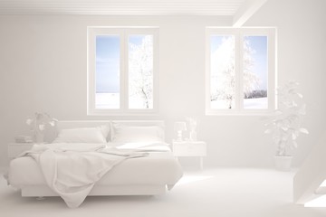 Fototapeta na wymiar White stylish minimalist bedroom with winter landscape in window. Scandinavian interior design. 3D illustration