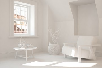 Stylish minimalist room with armchair in white color. Scandinavian interior design. 3D illustration