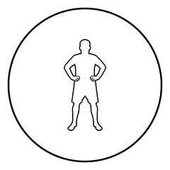 Serious man holding hands on belt confidence concept silhouette manager business icon outline black color vector in circle round illustration flat style image