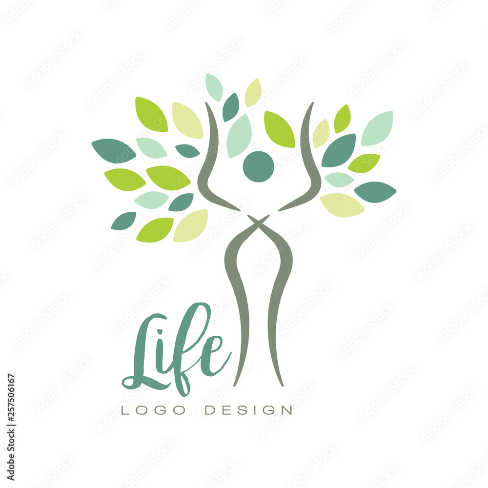 Sticker healthy life logo with abstract human silhouette and green leaves. flat vector emblem for yoga studi