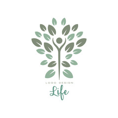 Healthy life logo with abstract human figure and leaves. Harmony with nature. Creative flat vector emblem for wellness center, yoga studio, spa salon