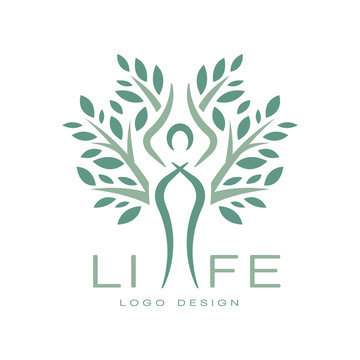 Creative flat vector emblem for yoga studio or meditation center. Abstract life logo design. Alternative medicine and wellness concept. Harmony with nature
