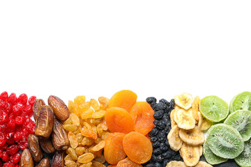 Different dried fruits on white background, top view. Healthy lifestyle