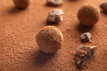 Tasty raw chocolate truffles on cocoa powder, closeup