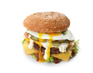 Tasty burger with fried egg on white background
