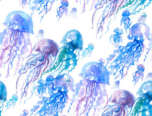 Materiał do szycia Jellyfish watercolor hand drawn seamless pattern
