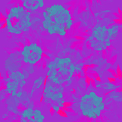  Floral seamless pattern. White-and-blue peony prints with leaves on a bright pink background. Harmonious print for interior design, bedding, clothes for girls.