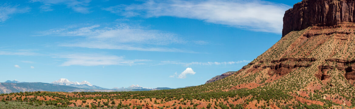 Panorama of the La Sal Mountains and the Dolores River Canyon, Bedrock, Colorado.