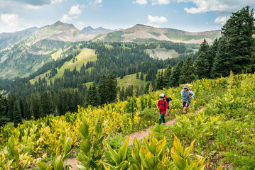 Mother and daughter hiking on Colorado Trail near Trout Lake and?Kennebac?Pass in San Juan National Forest