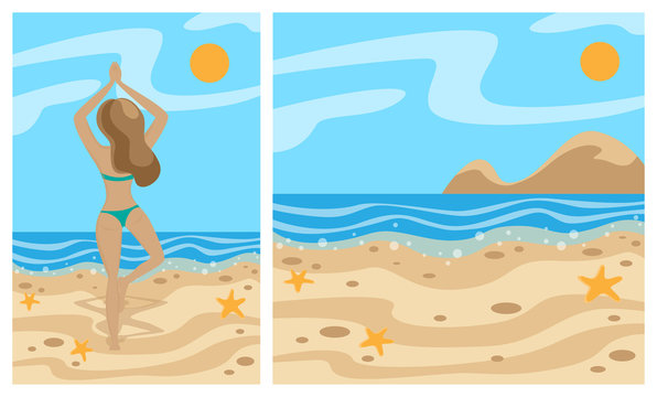 Summer illustrations vector. Beach and sea. Girl doing yoga on the beach. Set of banners. Beach illustration