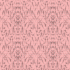 Abstract seamless pattern with mirrored symmetrical, warped stripe shapes and rectangles in shades of pink and brown.
