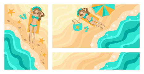 Summer illustrations vector. Beach and sea. Girl sunbathing by the sea. Set of banners. Beach illustration 