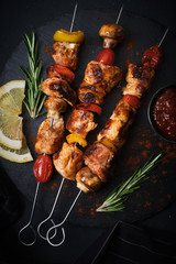 Shish kebab with mushrooms, cherry tomato and sweet pepper, Grilled meat skewers
