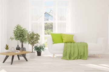 White stylish minimalist room with sofa and green home plants. Scandinavian interior design. 3D illustration