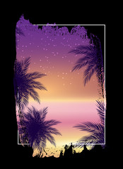 Summer Night Beach Poster. Tropical Natural Background with Palm.  Decor for fabric, textile, clothes Vector Illustration