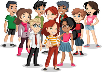 Group of cartoon young children. Teenagers.