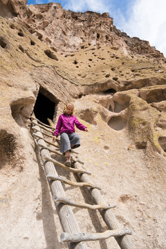 Girl visiting Bandelier National Monument, White Rock, New Mexico, USA