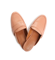 Stylish female shoes on white background, top view. Trendy footwear