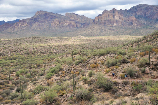 Man and woman backpackers hike through the rugged Sonoran desert on the Dutchmans Trail in the Superstition Wilderness Area, Tonto National Forest near Phoenix, Arizona November 2011.