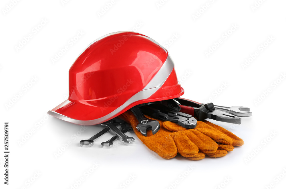 Wall mural Composition with safety equipment and construction tools on white background