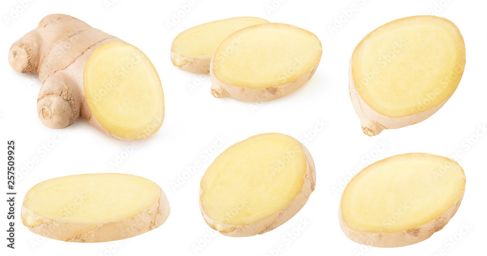 Aufkleber isolated ginger collection. pieces of raw ginger root isolated on white background with clipping pat
