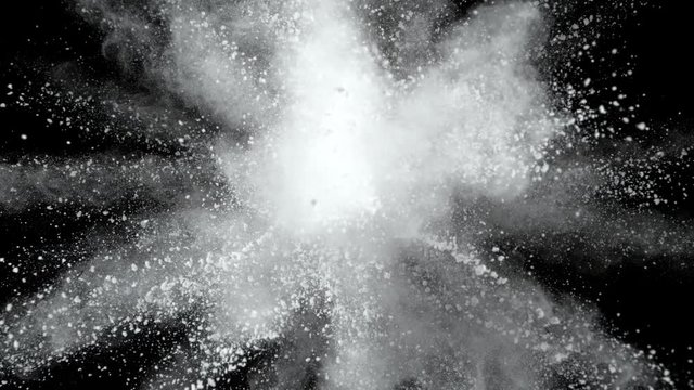 Super slowmotion shot of white powder explosion isolated on black background.