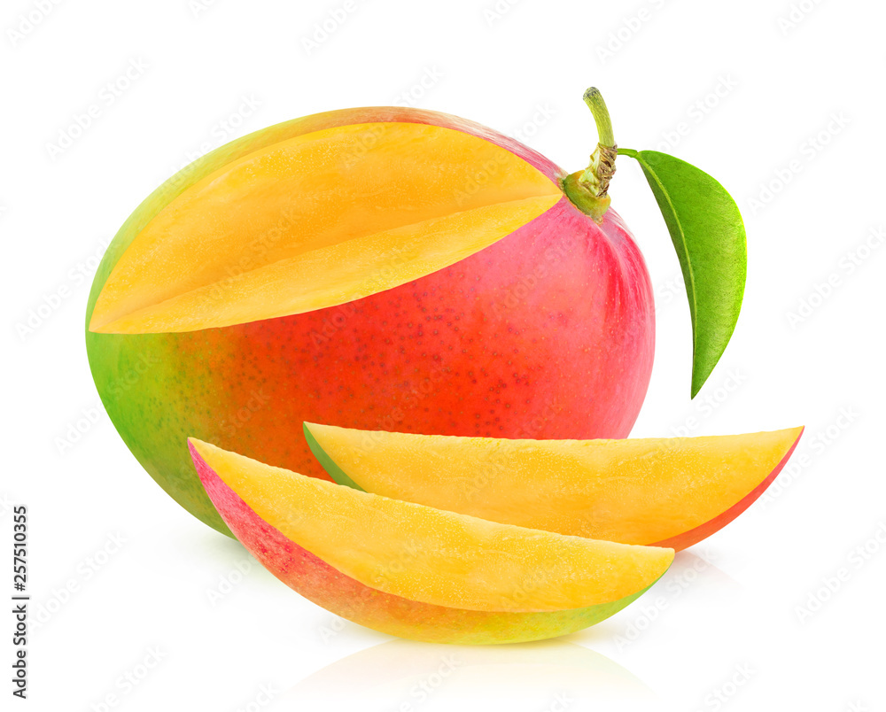 Fototapete isolated mango. one mango fruit with cut out slices isolated on white background with clipping path