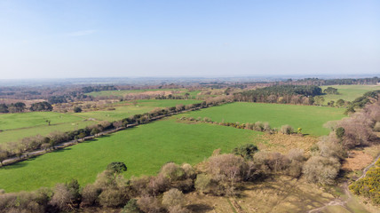 Fototapeta premium An aerial view of a scenic rural area with a forest in the middle of green fields under a majestic blue sky