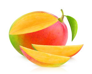 Isolated mango. One mango fruit with cut out slices isolated on white background with clipping path