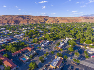 Moab city center and historic buildings aerial view in summer, Utah, USA.