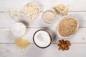 Gluten free concept - selection of alternative flours and ingredients, copy space