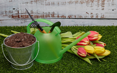 Gardening tools and flowers.