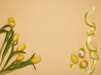 Easter background with eggs and flowers