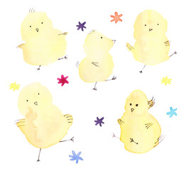 Seamless watercolor background with cute little yellow chicks