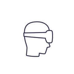 VR helmet, man in virtual reality glasses vector line icon