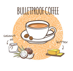 Bulletproof coffee. Vector illustration of a healthy caffeine drink and its ingredients: coconut oil and butter. Hot beverage in a white mug on a circle background with doodle swirls on white.