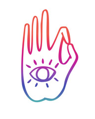 Vector illustration of a hand in a buddhist gesture with eye symbol. Freehand icon for meditation, yoga, esoteric, spiritual concept or logo design. Hand drawn element with vivid lines. 