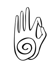 Vector illustration of a hand in a buddhist gesture with a spiral symbol. Freehand icon for meditation, yoga, esoteric, spiritual concept or logo design. Hand drawn element with vivid lines.