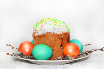 Sweet Easter cake and painted eggs. Orthodox Easter. Still life. Food photo. Happy easter!
