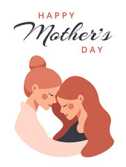 Cute young mother embracing her daughter with love. Vector greeting card for Happy Mother's day 