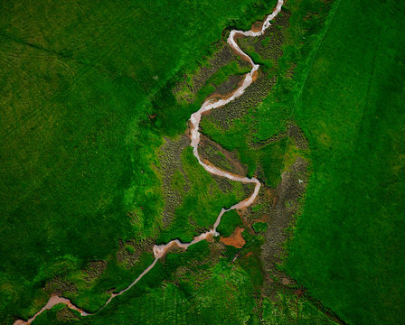 aerial shot of a meandering river in Iceland